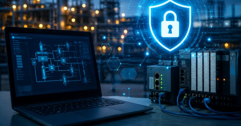 Industrial cybersecurity concept showing a laptop connected to industrial control systems with a digital security shield representing OT and PLC cybersecurity protection.
