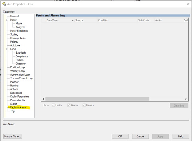 Faults and Alarms menu