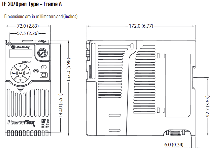 What are the dimensions of a PowerFlex 520 Series Drive?