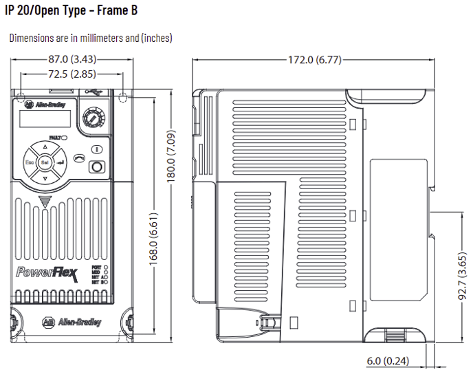 What are the dimensions of a PowerFlex 520 Series Drive? B
