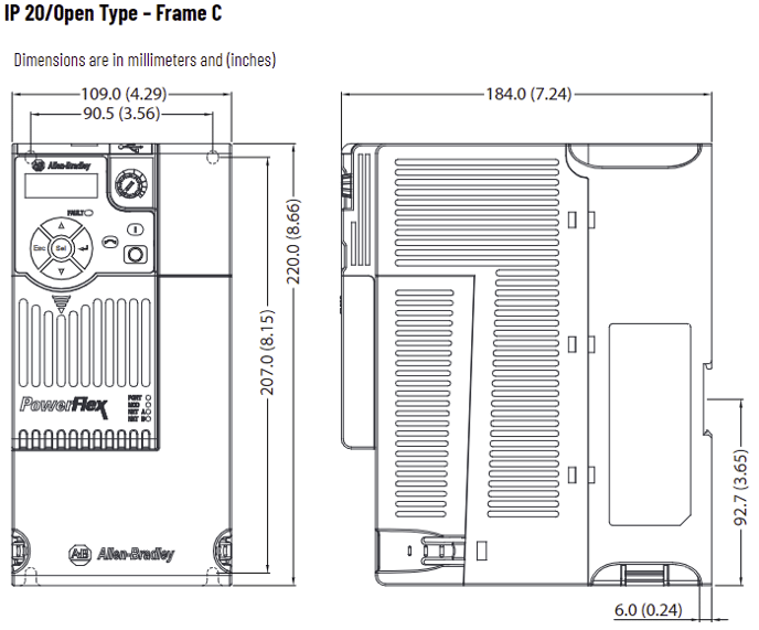What are the dimensions of a PowerFlex 520 Series Drive? C
