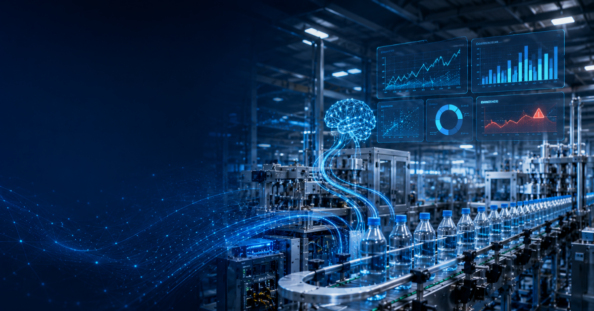 Advanced manufacturing production line with connected machinery, digital analytics dashboards, and AI-driven data visualization showing predictive insights and anomaly detection in a modern industrial facility.