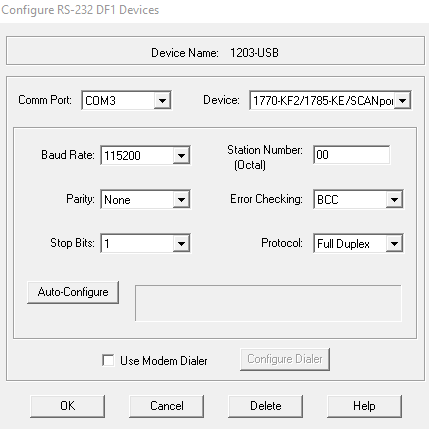 What are my RSLinx Settings when using a 1203-USB Interface for PowerFlex Drives